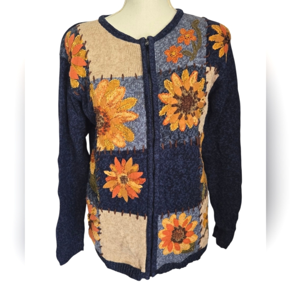 Vintage 1990s Stitches In Time Blue Yellow Sunflower Patchwork Cardigan Sweater